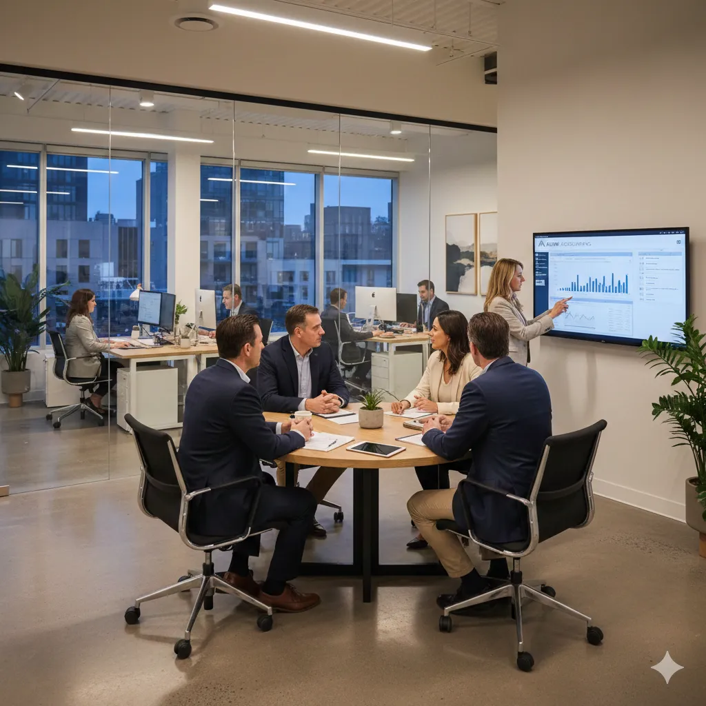 Équipe de professionnels en réunion dans un bureau moderne